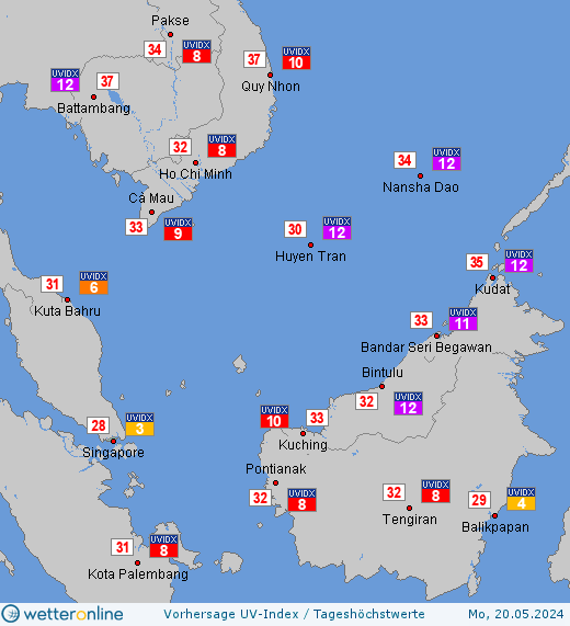 Singapur: UV-Index-Vorhersage für Montag, den 29.04.2024