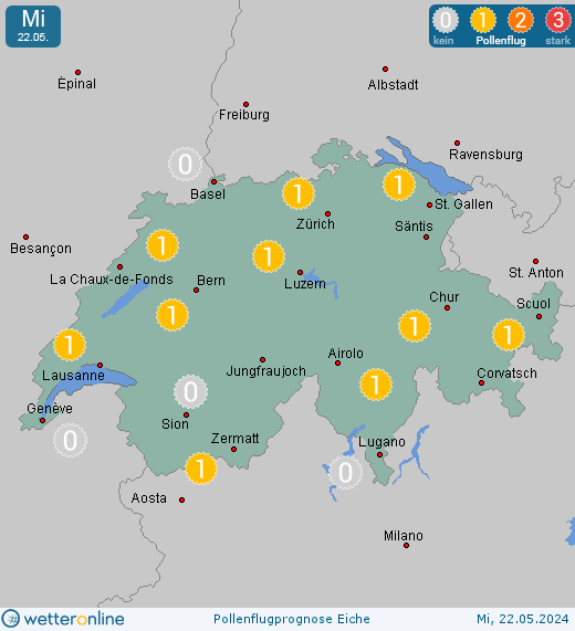 Effretikon: Pollenflugvorhersage Eiche für Montag, den 29.04.2024