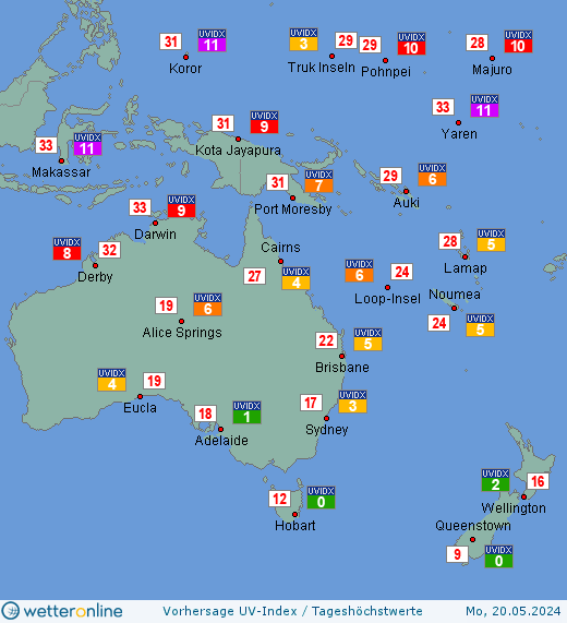Ozeanien: UV-Index-Vorhersage für Montag, den 29.04.2024