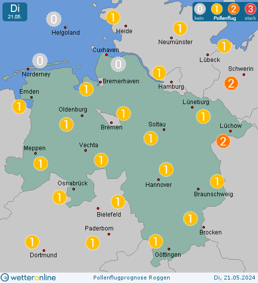 Niedersachsen: Pollenflugvorhersage Roggen für Montag, den 29.04.2024