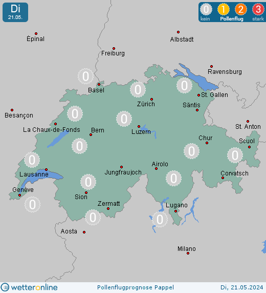 Schweiz: Pollenflugvorhersage Pappel für Dienstag, den 30.04.2024