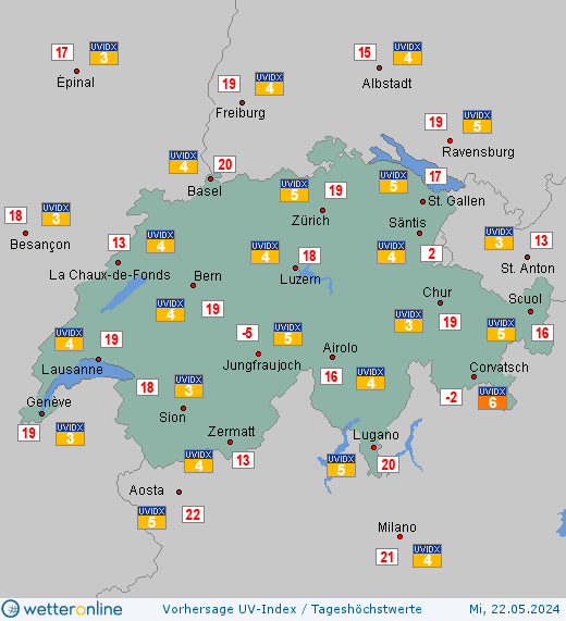 Schweiz: UV-Index-Vorhersage für Dienstag, den 30.04.2024