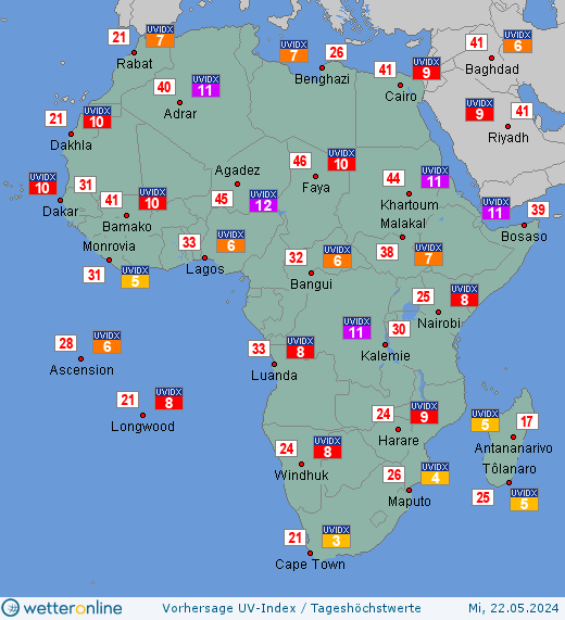 Afrika: UV-Index-Vorhersage für Dienstag, den 30.04.2024