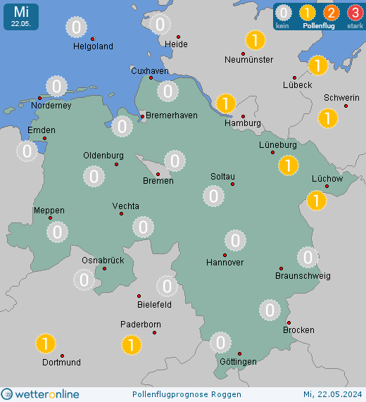 Niedersachsen: Pollenflugvorhersage Roggen für Dienstag, den 30.04.2024